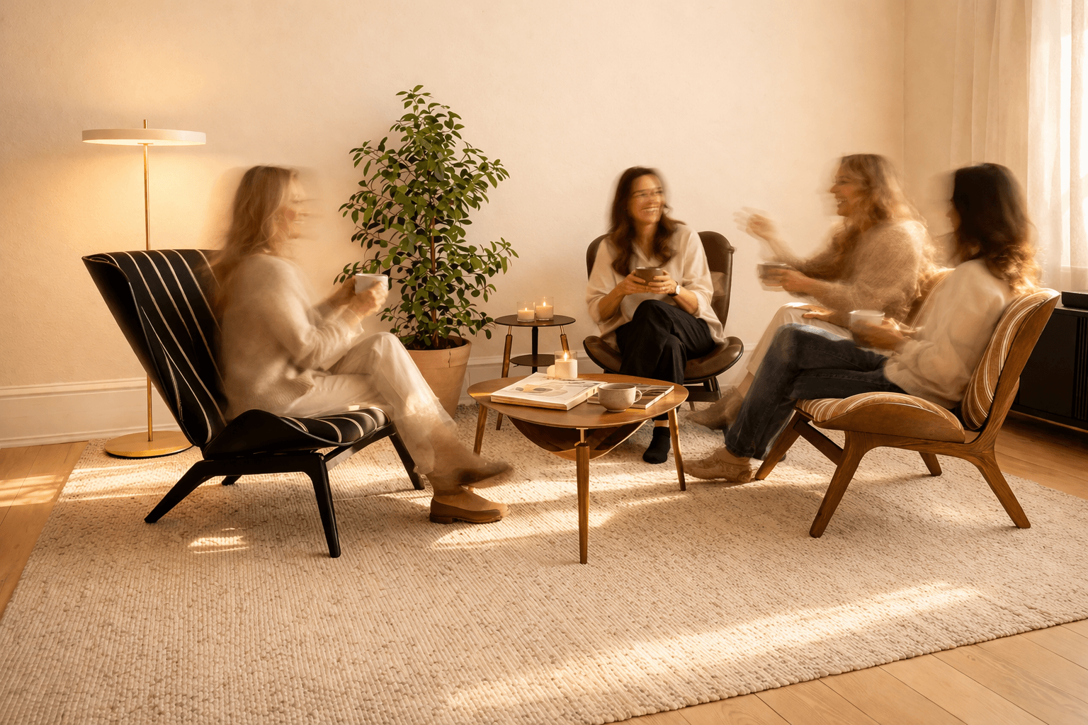 Living room in evening light with warm ambient lamp glow